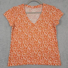 LOFT Shirt Womens XS Orange White Leopard Print Vintage Soft Everyday V Neck Tee