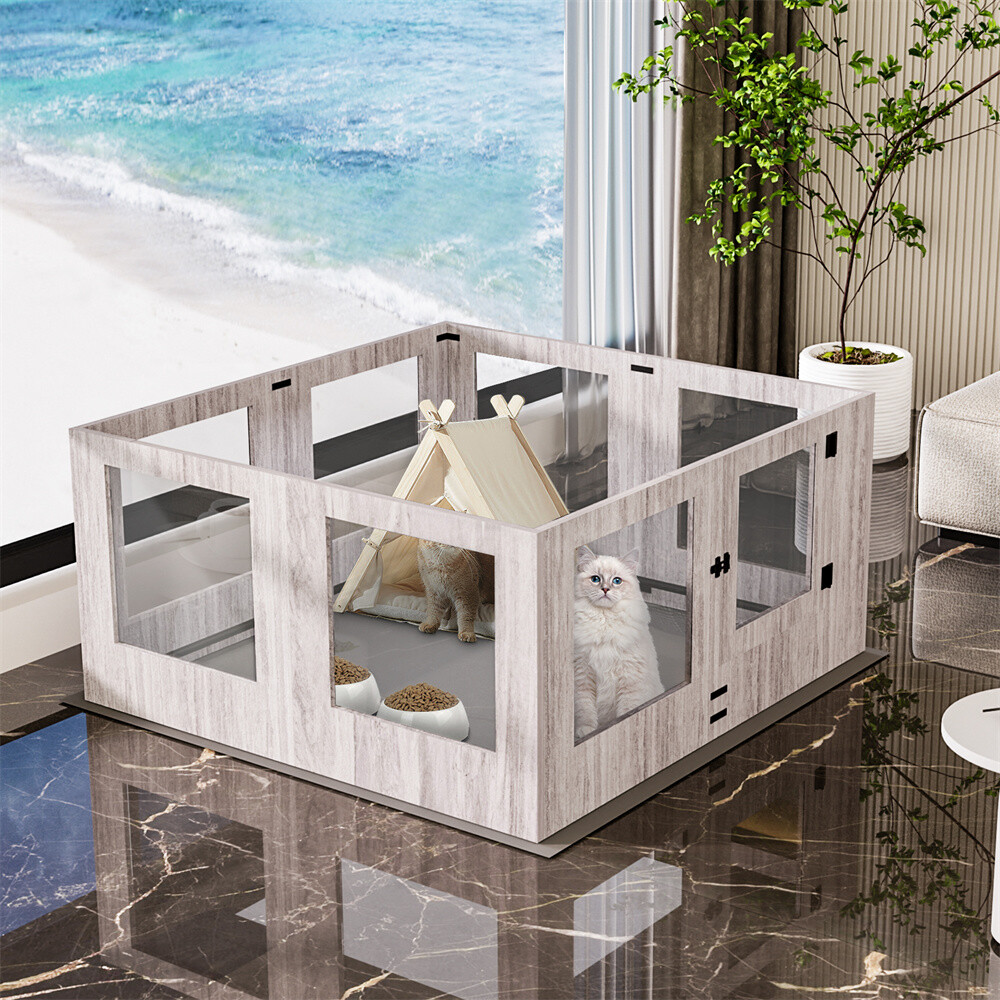 Extra Large Dog Whelping Box Tempered Glass Playpen w/ Rail, Door