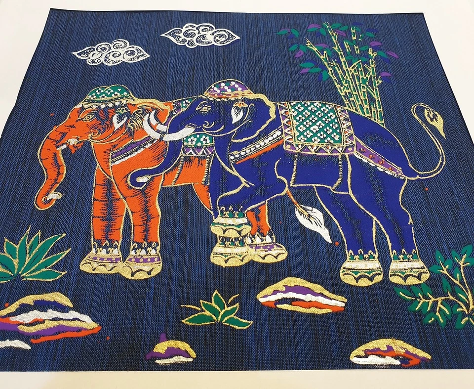 Thai Art Silk Painting Animal Posters Print Colorful 2 Elephant Asian Home Decor - Image 3 of 3