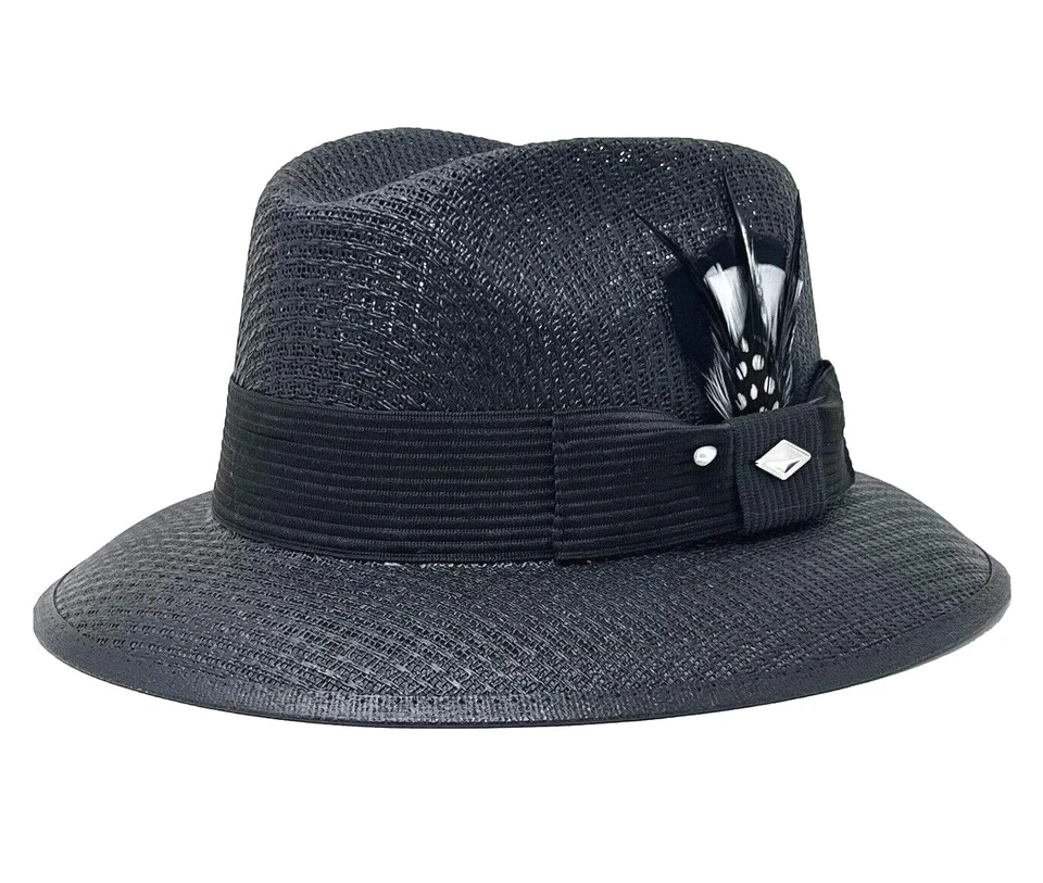 Sombrero de paja Whittier Viejo Lowrider Fedora para hombre negro con pluma blanca y negra Foto 3 de 4