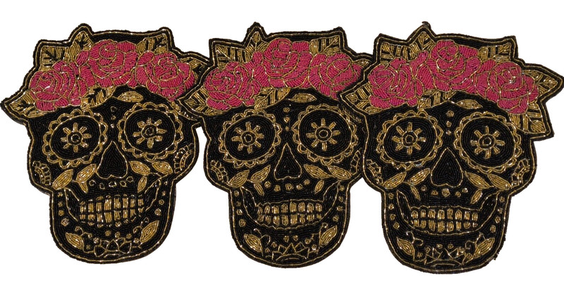 Tahari Home Set 3 Black & Red Day of the Dead Sugar Skull 15" Beaded Placemats
