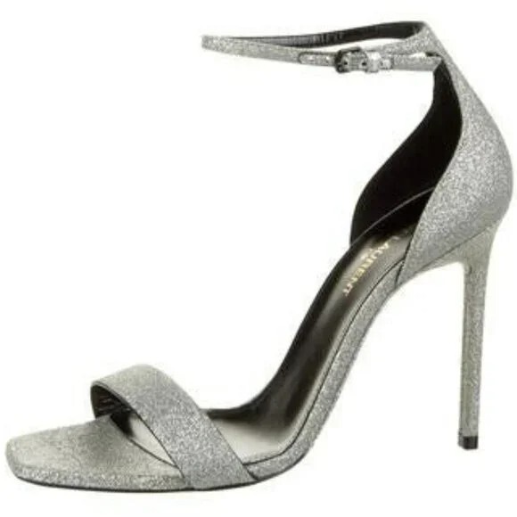 Nuovi sandali Saint Laurent in pelle argento ambra taglia 39 5 prezzo al pubblico $795