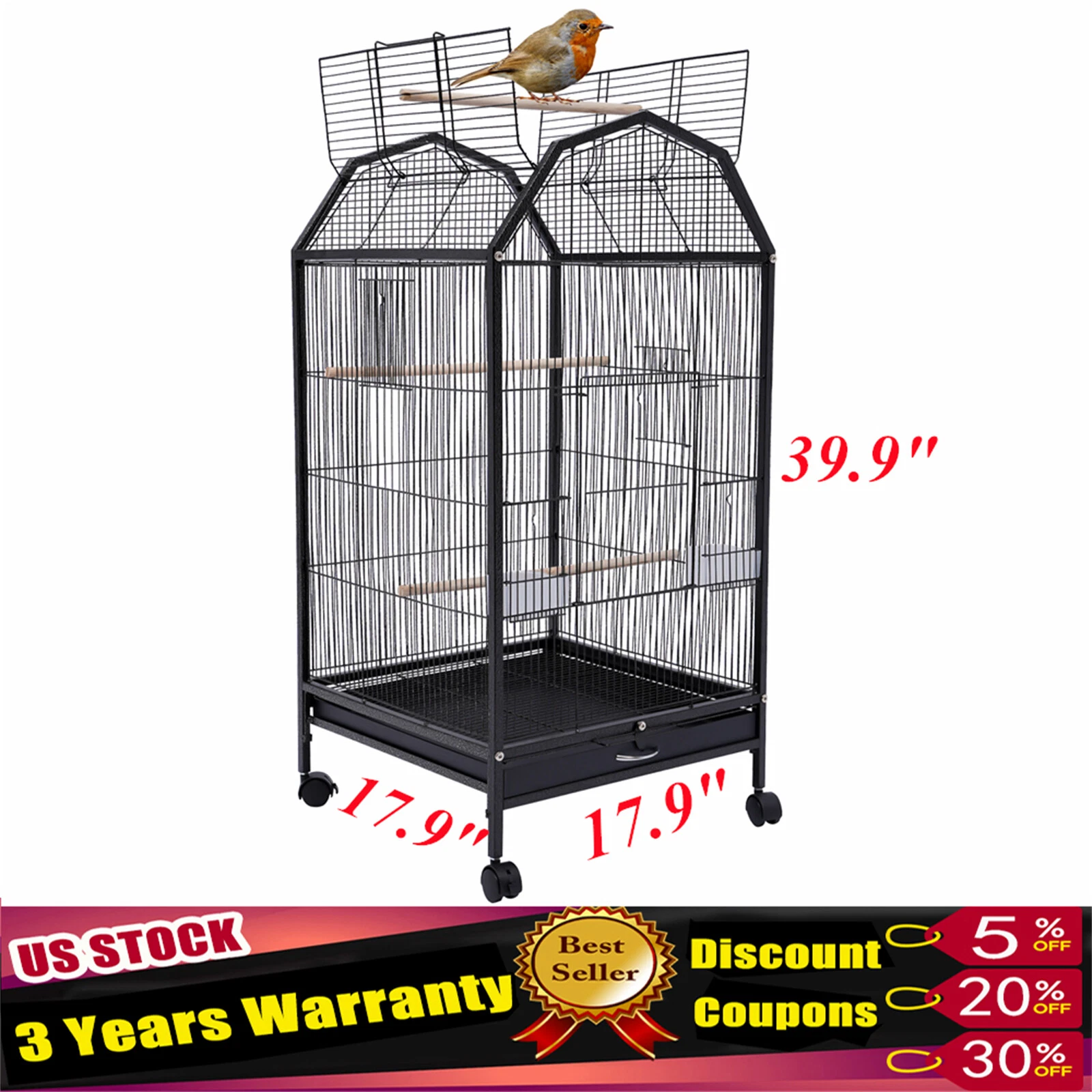 Black Large Bird Cage wit Rolling Stand Cockatiel Parakeet Finch Parrot Birdcage