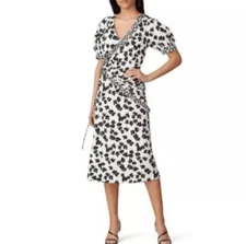 Love Whit Size L White/Black Floral Print Puff Sleeve Midi Wrap Dress