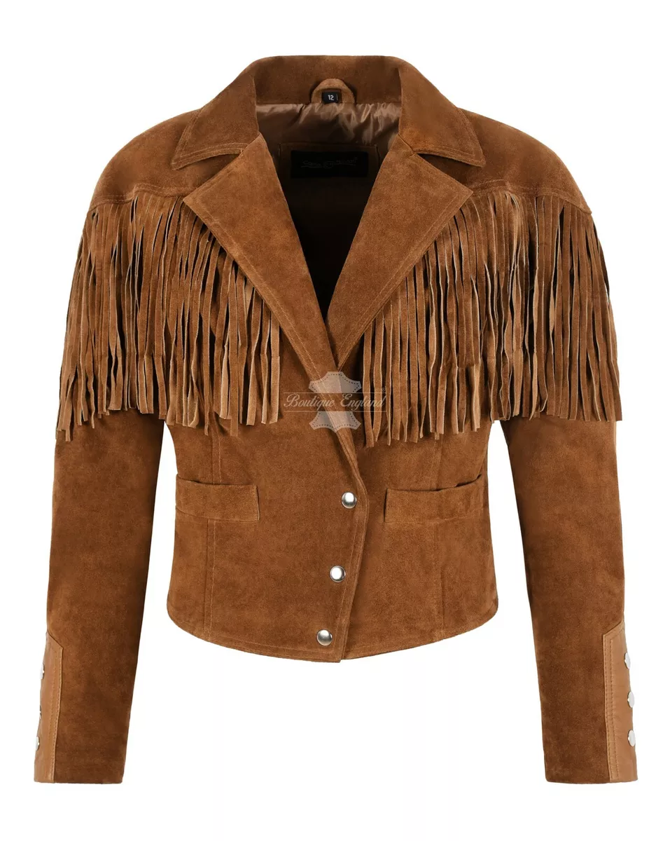 Women Vintage s Fringe Tan Cow Suede Leather Western Short Body Leather  Jacket