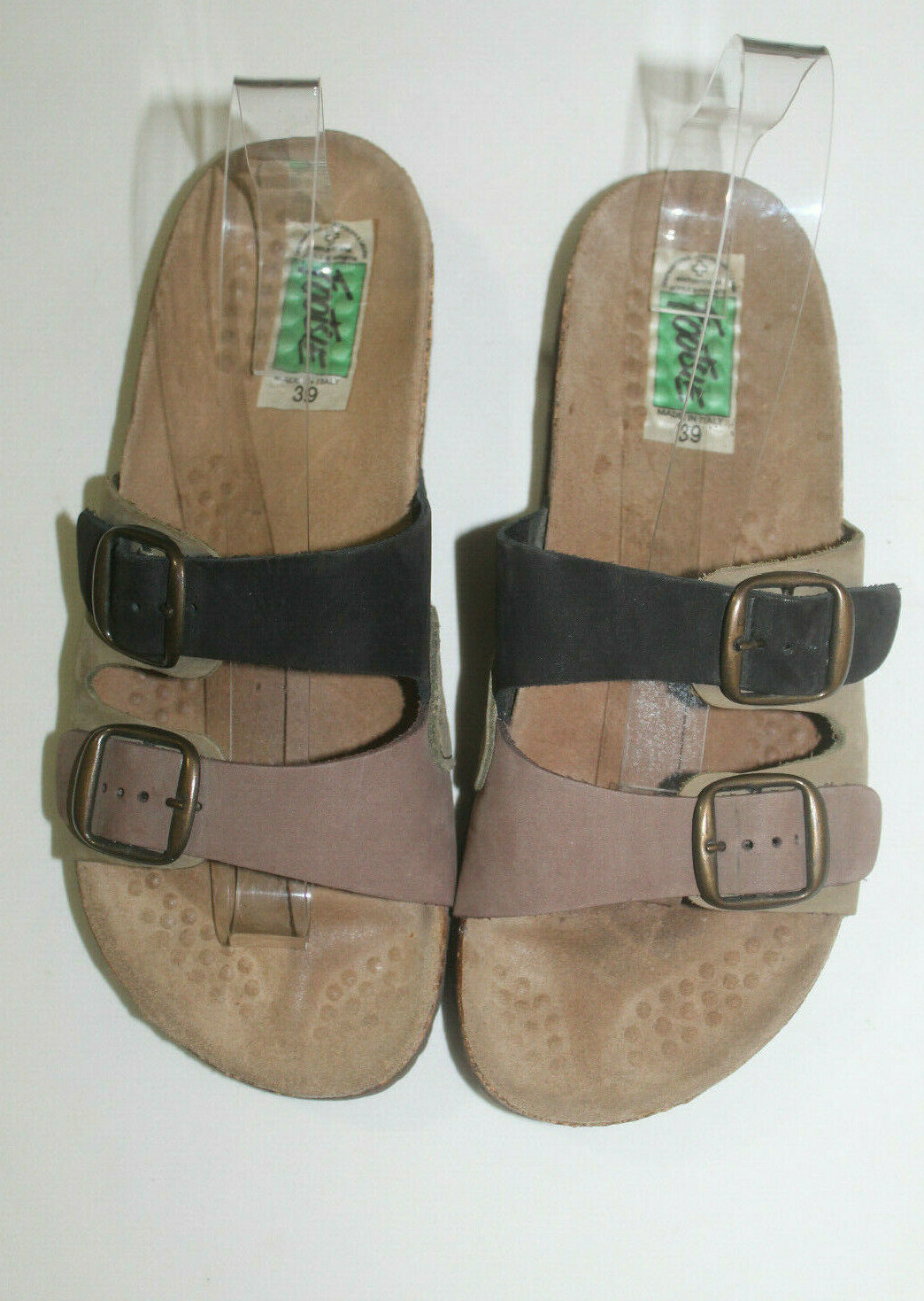 Biomodex Footsie Italy Brown Black Buckle Straps Sandals Sz 39/8 Womens
