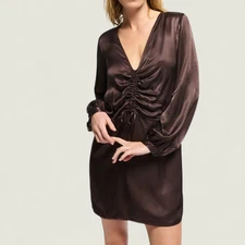 Nation LTD Cora Coffee Brown Satin Ruched Mini Dress Long Sleeve Size Small
