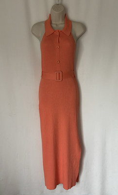 Mable Dress Medium Midi Orange Bodycon Sleeveless Belt Collar Ribbed Boho
