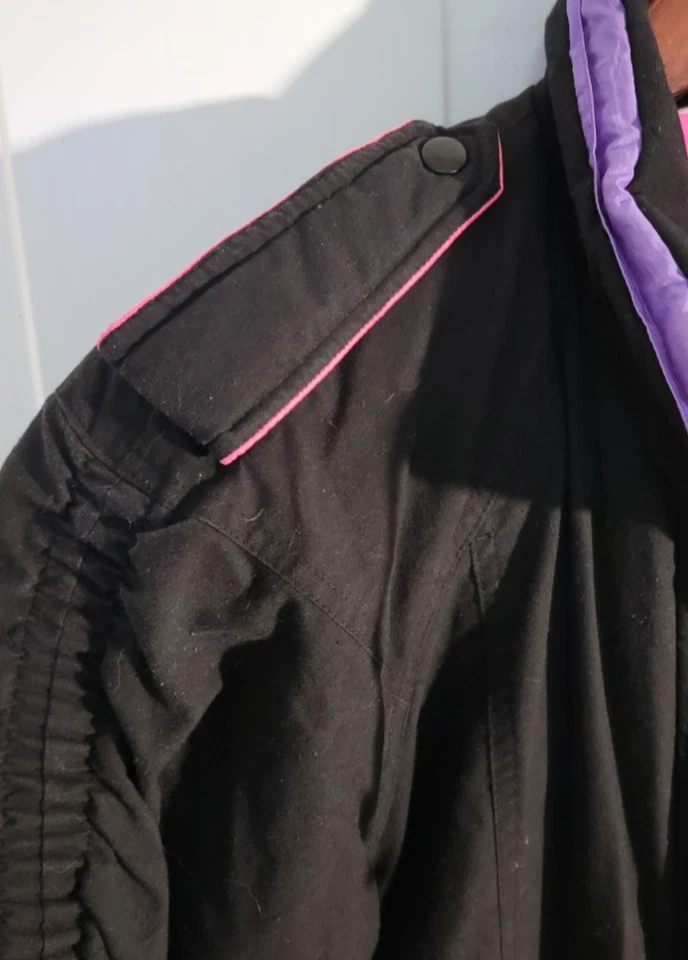 Jaqueta de esqui neon anos 80 vintage preta rosa verde bufante inverno quente bolsos médios - Imagem 2 de 4