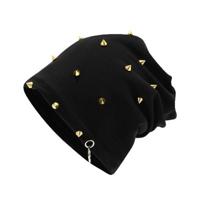 Unisex Hip Hop Beanie Hat with Metal Rings Studded Streetwear Skull Cap