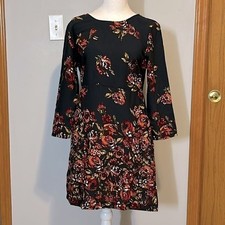 Abercrombie & Fitch Black Floral Bell Sleeve Mini Dress Rose Print Side Zip