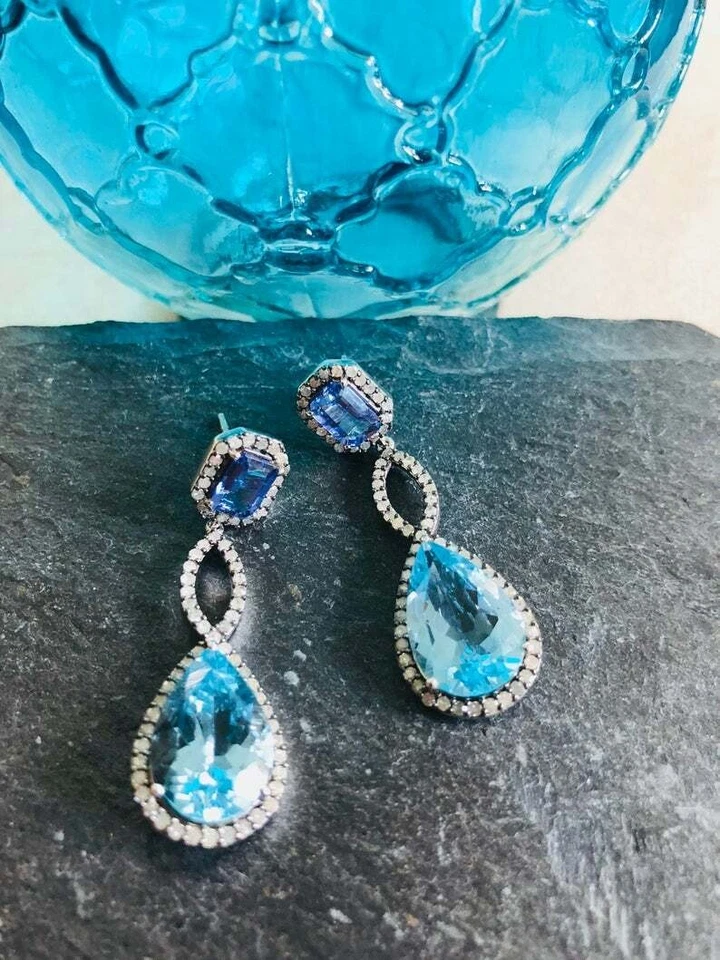 8 Ct Pear Cut Lab-Created Blue Topaz Drop/Dangle Earrings 14K White Gold Plated - Image 2 of 3