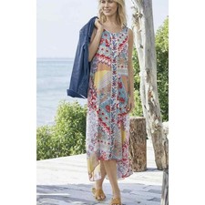 Coastal Boho Patchwork Floral Maxi Dress XS Sleeveless Flowy High Low Hem Resort