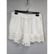 H M Boho Crochet Lace Trim Elastic Waist Cotton Shorts White Size 8