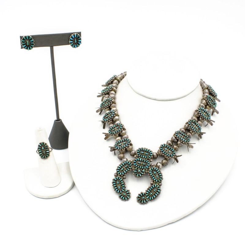 Southwest Sterling Turquoise Petit point Squash Blossom Jewelry Set of 3 S5634-2