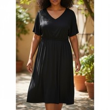Girl With Curves Chic Womens 1XPetite Black Midi Dress with V-Neck Stretchy