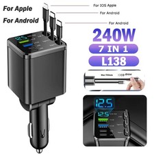 240W 7in1 Auto Ladegerät Zigarettenanzünder USB Adapter 2xTyp-C+iOS Einziehbares