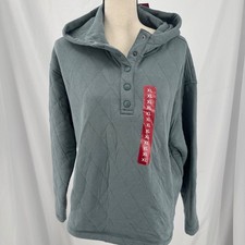 Lands End Women Quilted Pullover Hoodie Light Blue Snap Neck XL 16-18 NWT