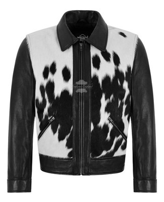 Schwarze Herren-Lederjacke mit Haaren auf Rindsleder Reißverschluss vorne Echtleder Biker-Stil