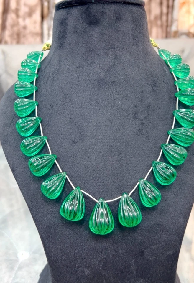 Emerald Carved Gemstone Necklaces Tear Drops 11x16 , 16x29 MM 2 Line - Image 2 of 4