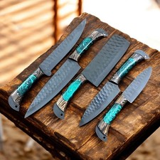 HANDMADE DAMASCUS KITCHEN/CHEF KNIFE SET WITH LEATHER BAG 05 PC'S SET BW 1064-