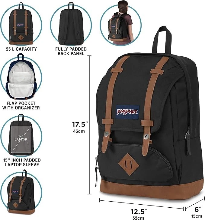 Mochila para portátil JanSport Cortlandt, negra, funda para portátil de 15" Foto 3 de 4