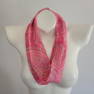 Vera Vintage Silk Chiffon Infinity Scarf Pink Paisley Print Artsy Mod Retro