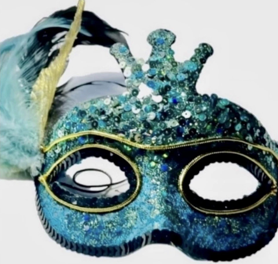 VINTAGE Mardi Gras Sequins & Feathers Masquerade Eye Mask [Turquoise Blue] - Image 4 of 4