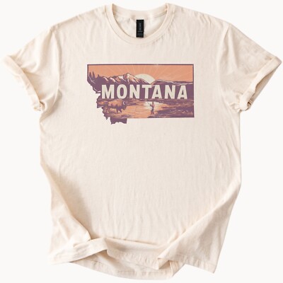 Montana Graphic Shirt Mountain Sunset Bison Fisherman Nature State Tee