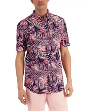 CLUB ROOM Men's Navy Blue Pink Regular-Fit Textured Palm-Print Shirt M