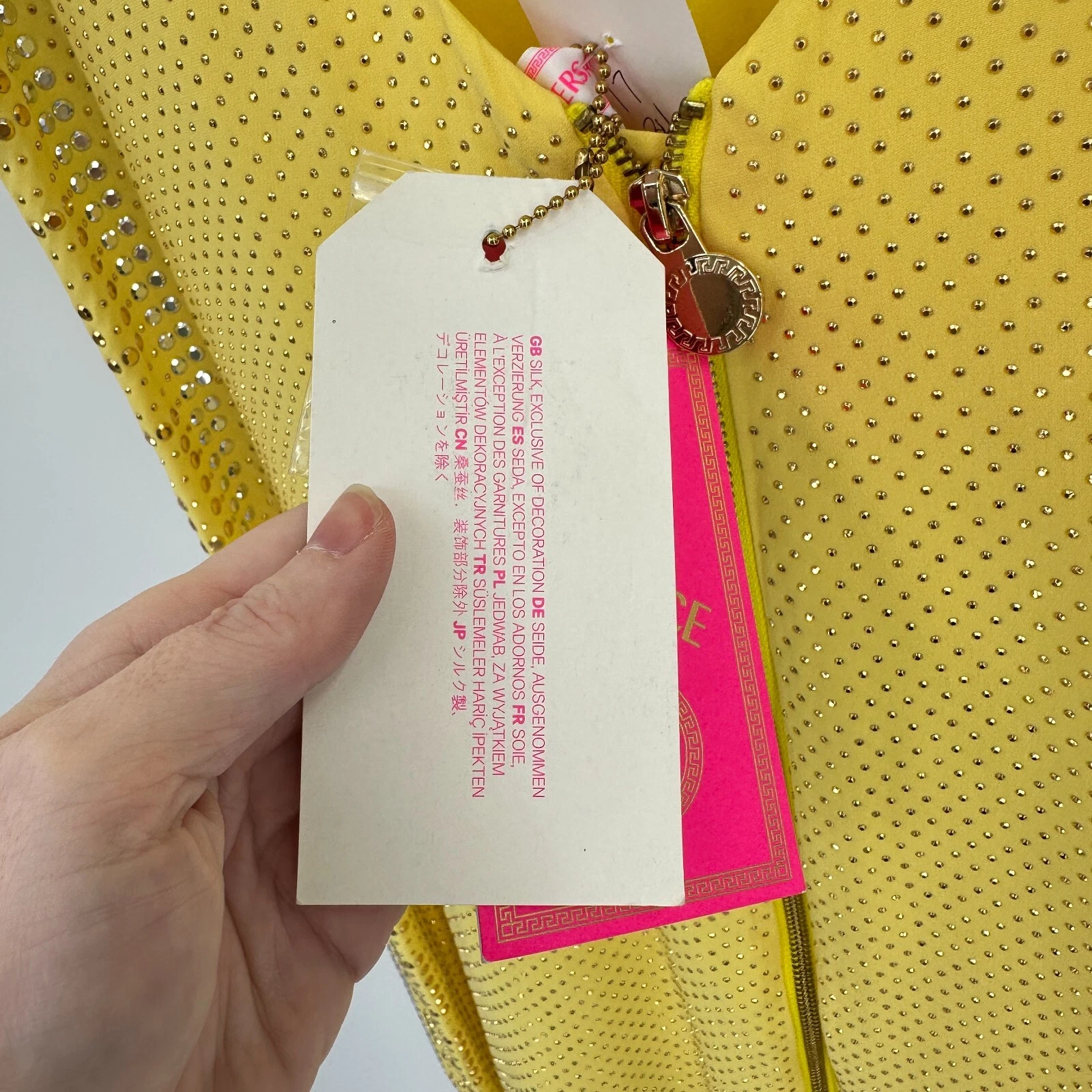 Versace H&M Mini Abito Donna 8 Seta Borchie Giallo Tubino Senza Schienale Zip Nuovo con etichette