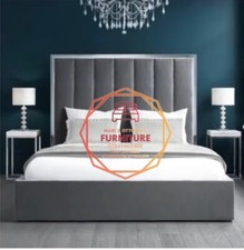 Unique Grey Plush Mirror Border Panel Lines 4ft6 Bed Frame Double Brand New Sale