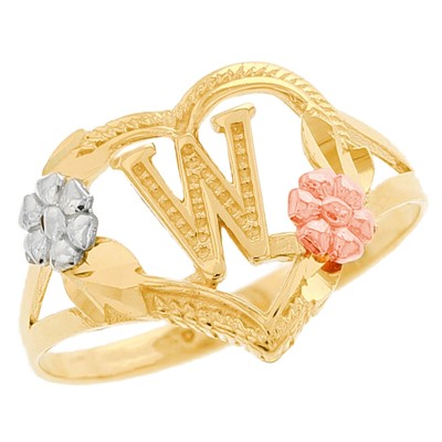 JackAni 10k oder 14k Multi-Tone Gold Schillernde Floral Buchstabe Initiale mit Herz Ring