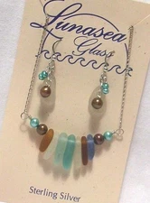 LUNASEA TREASURES SEA GLASS AQUA AMBER BLUE WHITE FW PEARLS STERLING SILVER SET