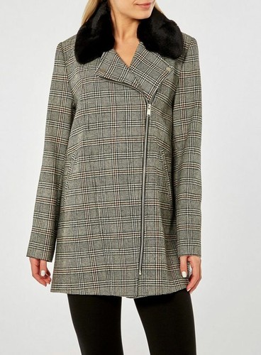 Print Faux Fur Collar Boyfriend Coat UK 