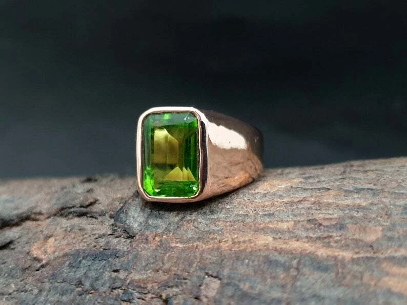 Anillo de cuarzo de peridoto verde piedra de relleno de oro amarillo de plata esterlina 925 maciza para hombre  Foto 3 de 3