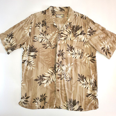 Caribbean Joe Mens 100% Silk Shirt Beige Brown Large Palm Leaf Washable Silk