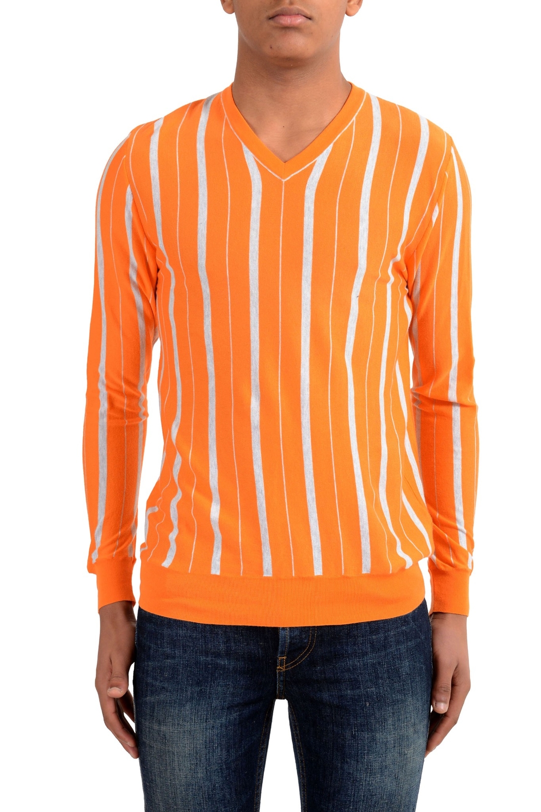 Мужской полосатый оранжевый свитер с V-образным вырезом Kiton Napoli US XS IT 46 56790₽