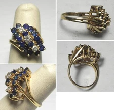 V384 Estate Solid 14K Yellow Gold Sapphire and Diamond Waterfall Ring, Sz 5.75