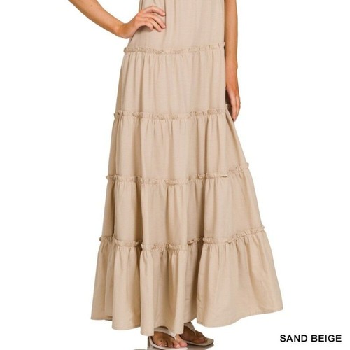 ZENANA Tan Smocked Waist Adjust Cami Strap Woven Fabric Tiered Bodice Sundress - Picture 4 of 9