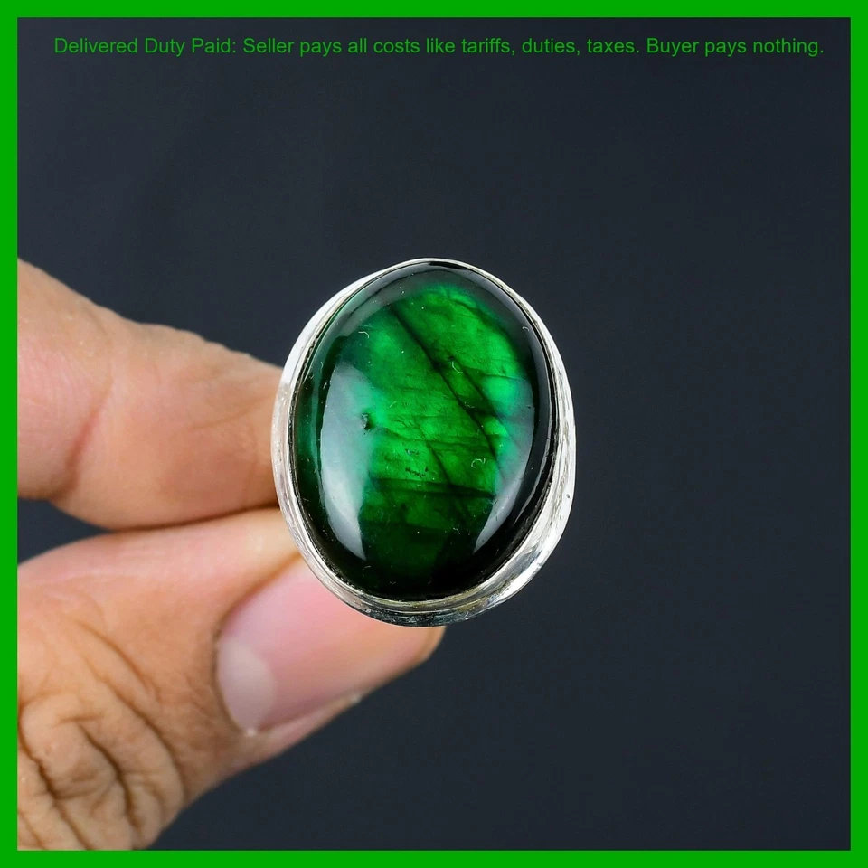 Anillo bisel solitario étnico piedra labradorita fuego verde ovalado joyería plata 925 Foto 2 de 4