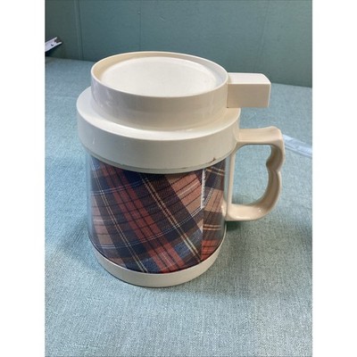 Vintage Thermo-Serv USA Insulated Coffee Rare Size Mug Cup Red Plaid Cream