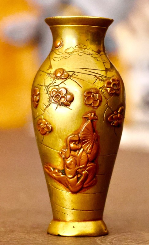 Japanese Brass & Copper 3-1/2" Vase Budda fanning himself