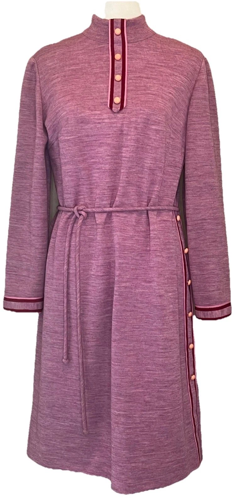 Vtg 60s/70s Leslie Fay Dress Sz M Knitted Buttons Long Sleeve Belted High Neck ￼