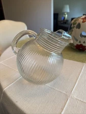 Vintage Hazel Atlas Clear Ribbed Tilted Ball Pitcher Glass w/ Ice Lip