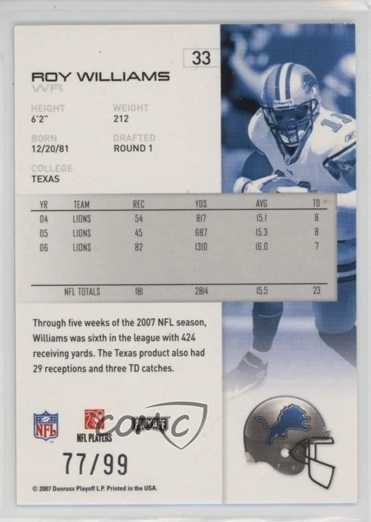 2007 Playoff NFL Playoffs Silver Holofoil /99 Roy Williams #33 - Image 2 of 2