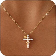 Gold Cross Necklace for Women Dainty 14K Gold Plated Diamond Cross Pendant Neckl