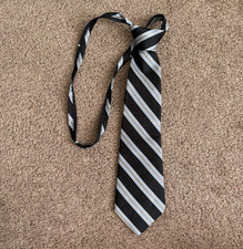 Class Club Boys Adjustable Zip Silk Woven Striped Tie Black Gray Blue