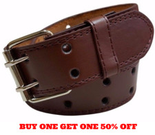 Kids Leather Two Rows Double Holes Brown Belt Boys Girls Youth 1.25" Wide