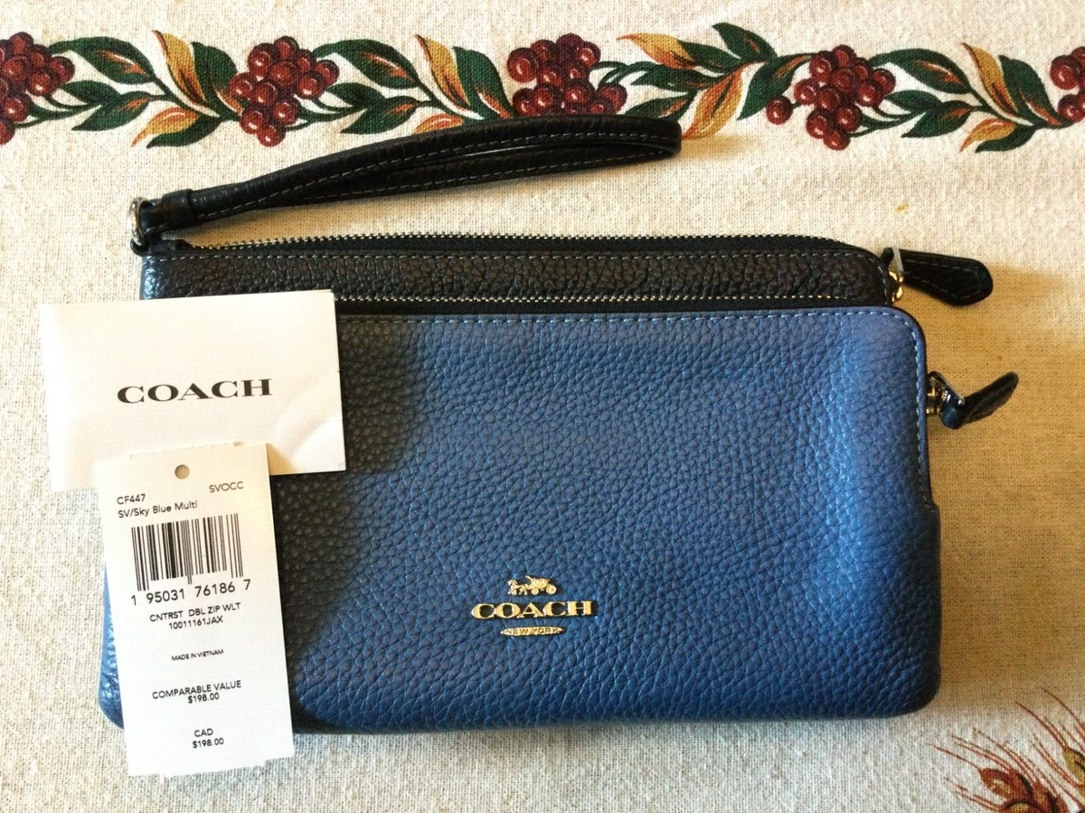 🌺COACH Double Zip Wristlet Wallet SKY BLUE NAVY BLUE PEBBLE